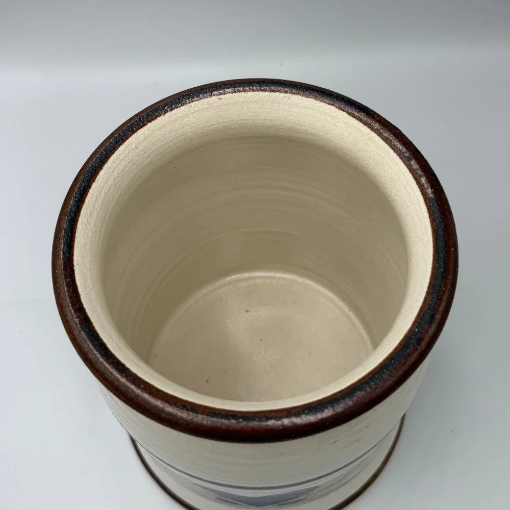 Handmade Stoneware Heart Crock Kitchen Utensil Holder Cream Blue Signed